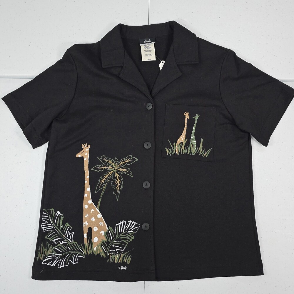 Vtg 90s Tapestry Sporte Petite S Button Short Sleeve Collar Shirt Giraffe/Safari